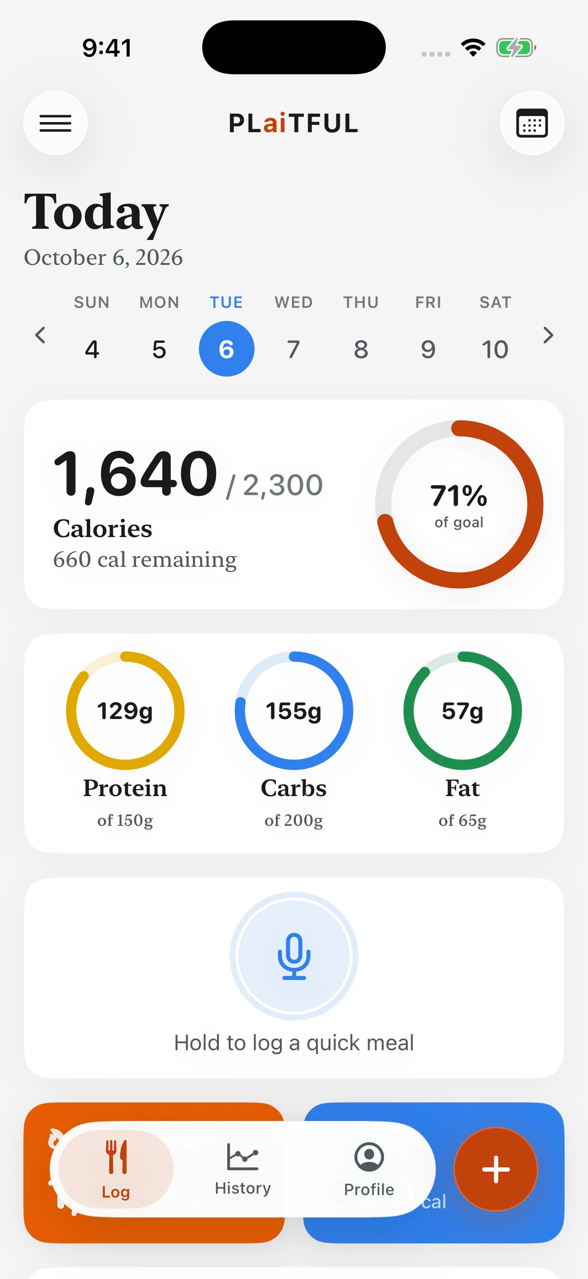 Plaitful Log screen with fictional nutrition data