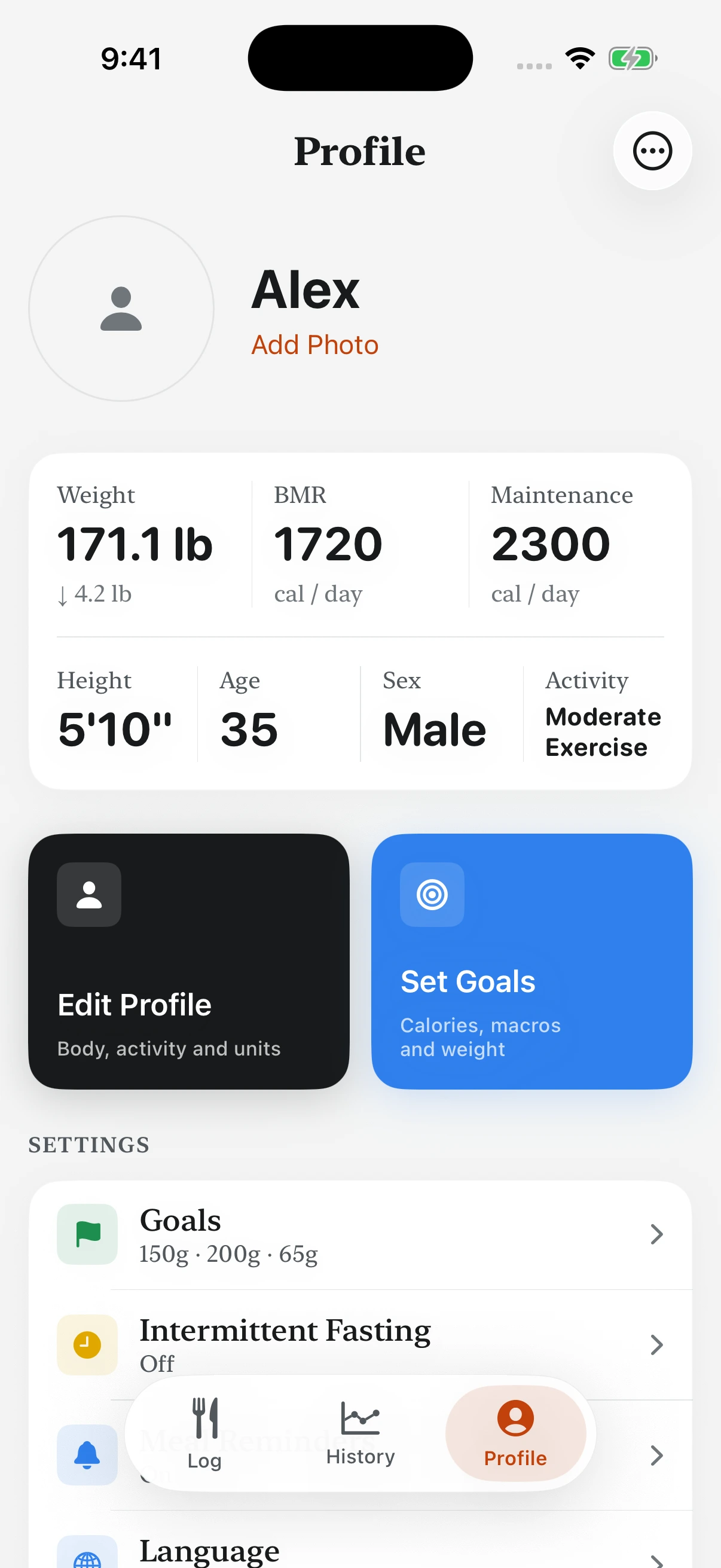 Plaitful Profile screen for fictional user Alex